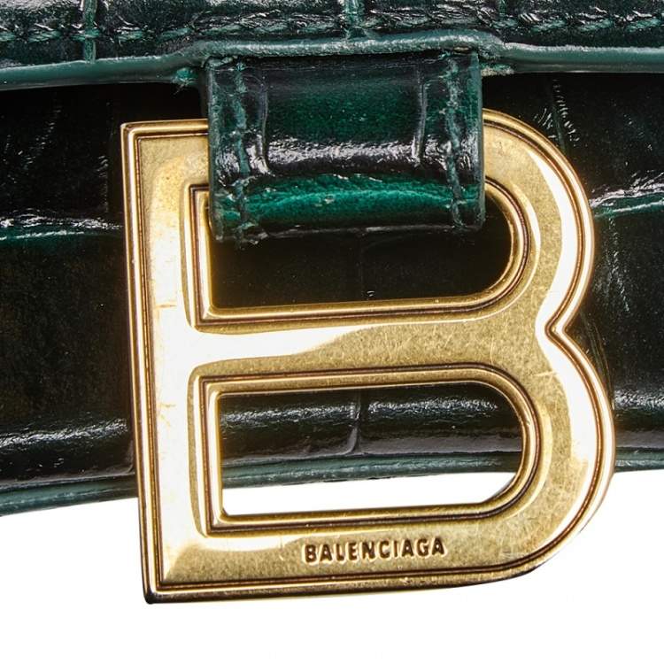Pre Owned Balenciaga Green Croc Embossed Leather Hourglass Top Handle Bag