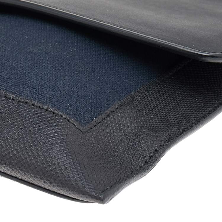 Pre Owned Balenciaga Black/Navy Blue Leather And Canvas Ottoman Padlock Clutch