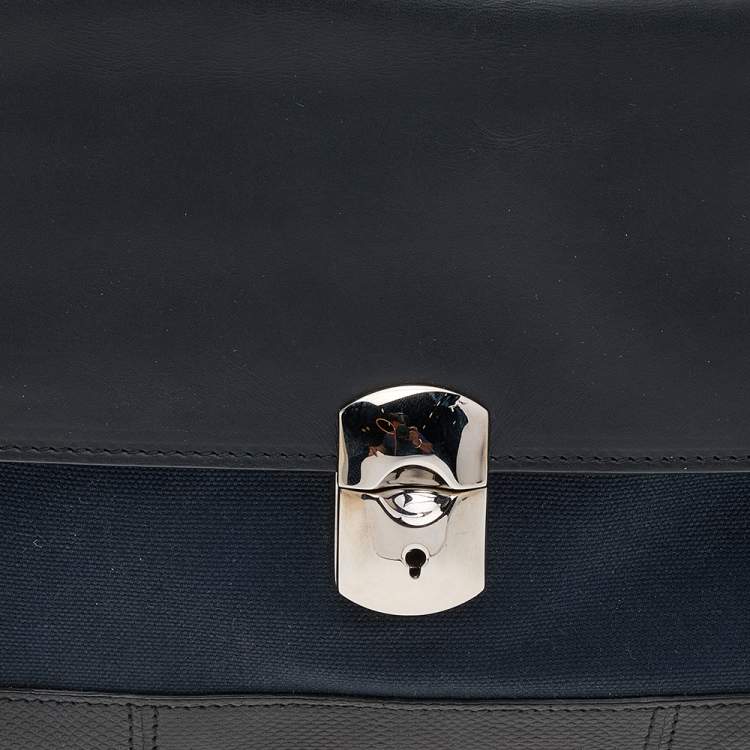 Pre Owned Balenciaga Black/Navy Blue Leather And Canvas Ottoman Padlock Clutch
