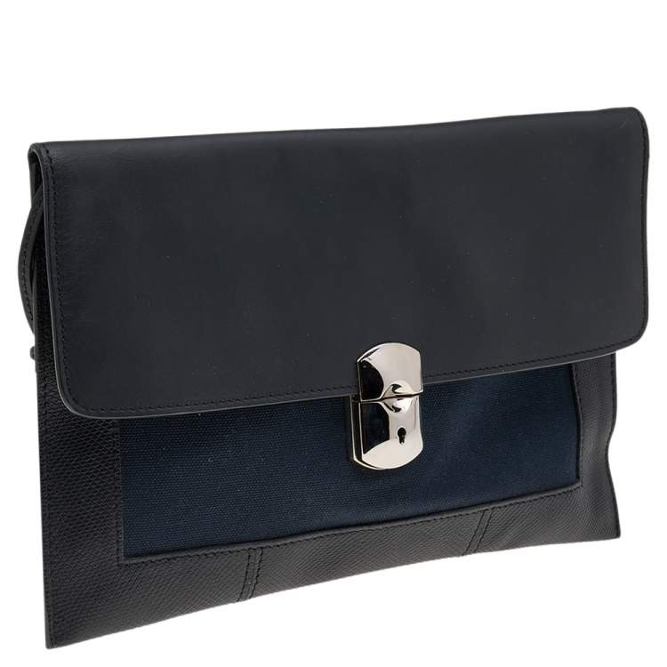 Pre Owned Balenciaga Black/Navy Blue Leather And Canvas Ottoman Padlock Clutch