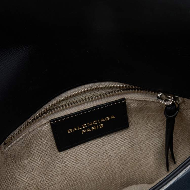 Pre Owned Balenciaga Black/Navy Blue Leather And Canvas Ottoman Padlock Clutch