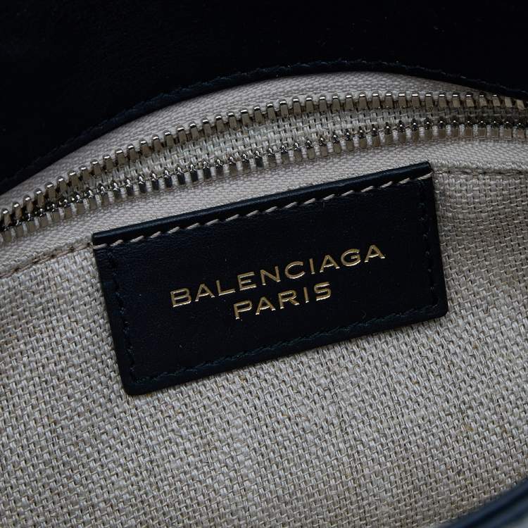Pre Owned Balenciaga Black/Navy Blue Leather And Canvas Ottoman Padlock Clutch
