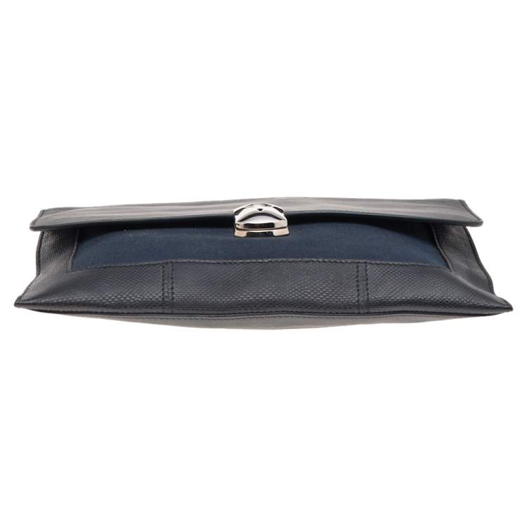 Pre Owned Balenciaga Black/Navy Blue Leather And Canvas Ottoman Padlock Clutch