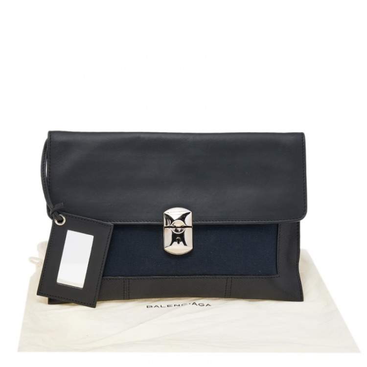 Pre Owned Balenciaga Black/Navy Blue Leather And Canvas Ottoman Padlock Clutch