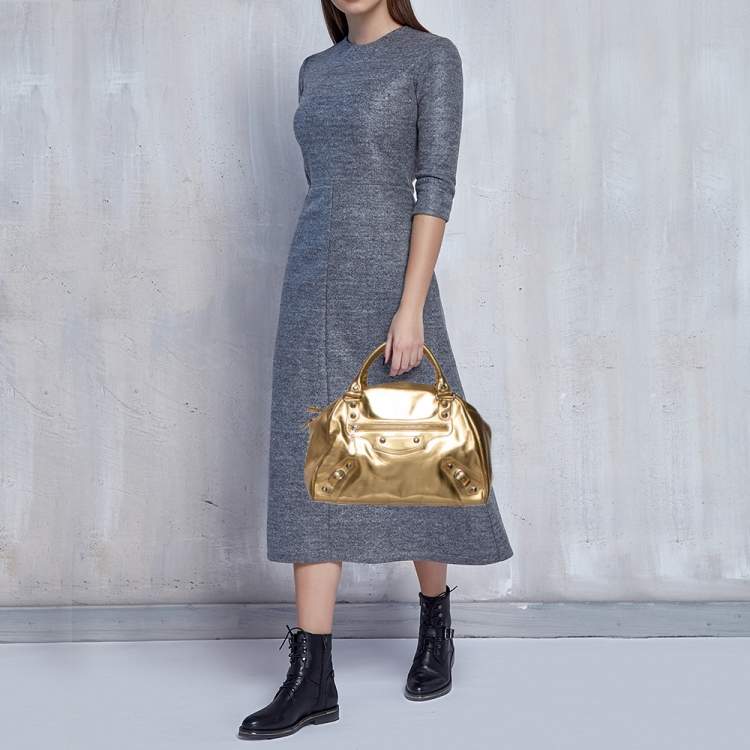 Pre Owned Balenciaga Gold Leather Bowler PM Bag