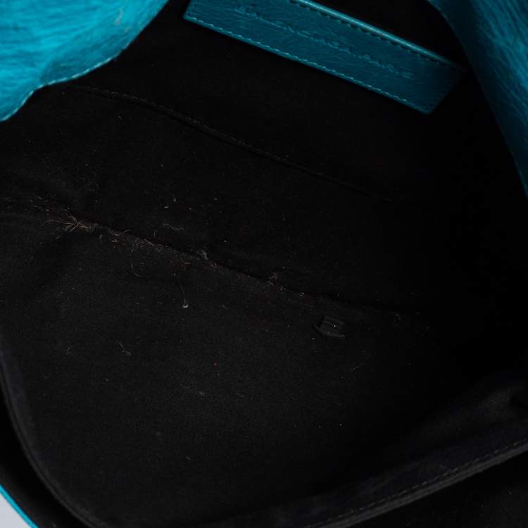 Pre Owned Balenciaga Turquoise Lambskin Leather Motocross Flap Clutch