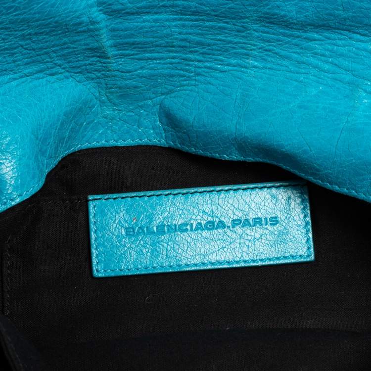 Pre Owned Balenciaga Turquoise Lambskin Leather Motocross Flap Clutch