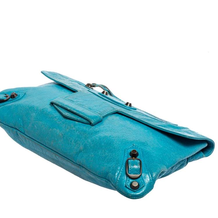 Pre Owned Balenciaga Turquoise Lambskin Leather Motocross Flap Clutch
