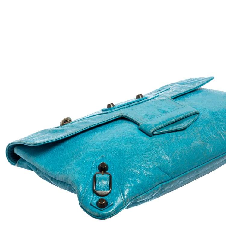 Pre Owned Balenciaga Turquoise Lambskin Leather Motocross Flap Clutch