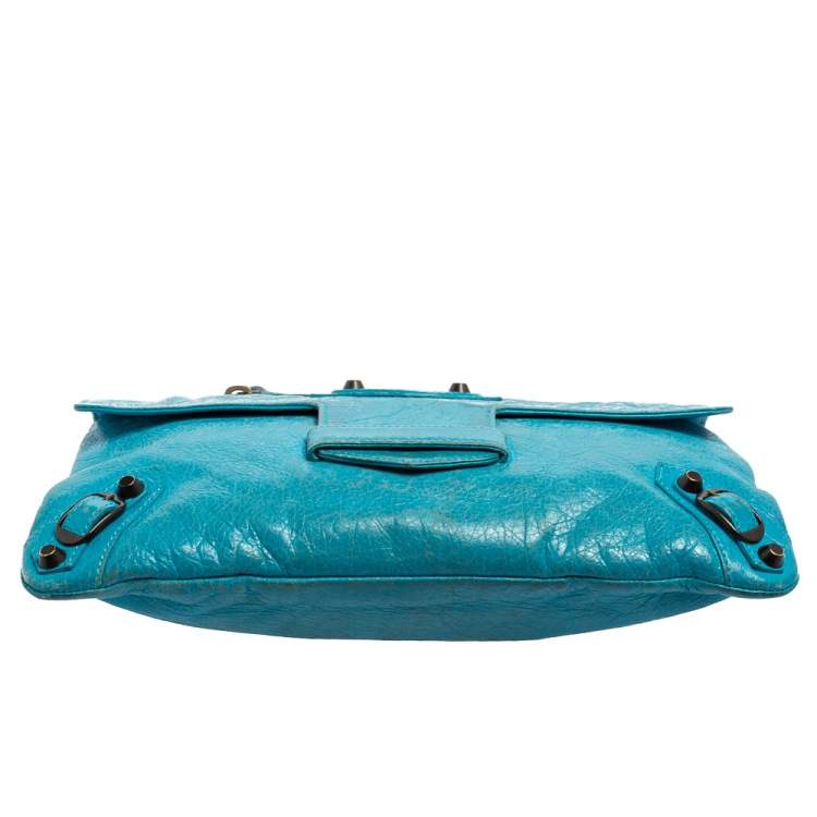 Pre Owned Balenciaga Turquoise Lambskin Leather Motocross Flap Clutch