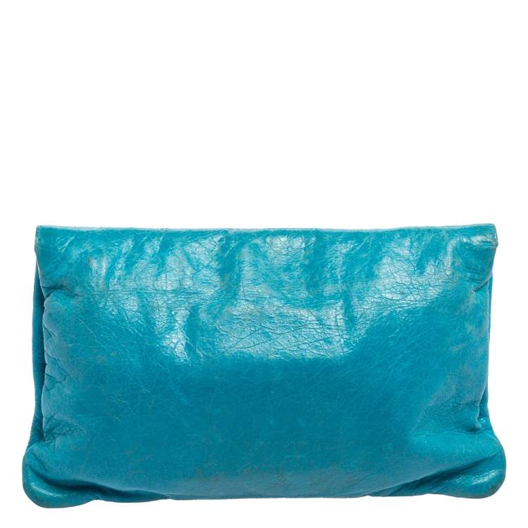 Pre Owned Balenciaga Turquoise Lambskin Leather Motocross Flap Clutch