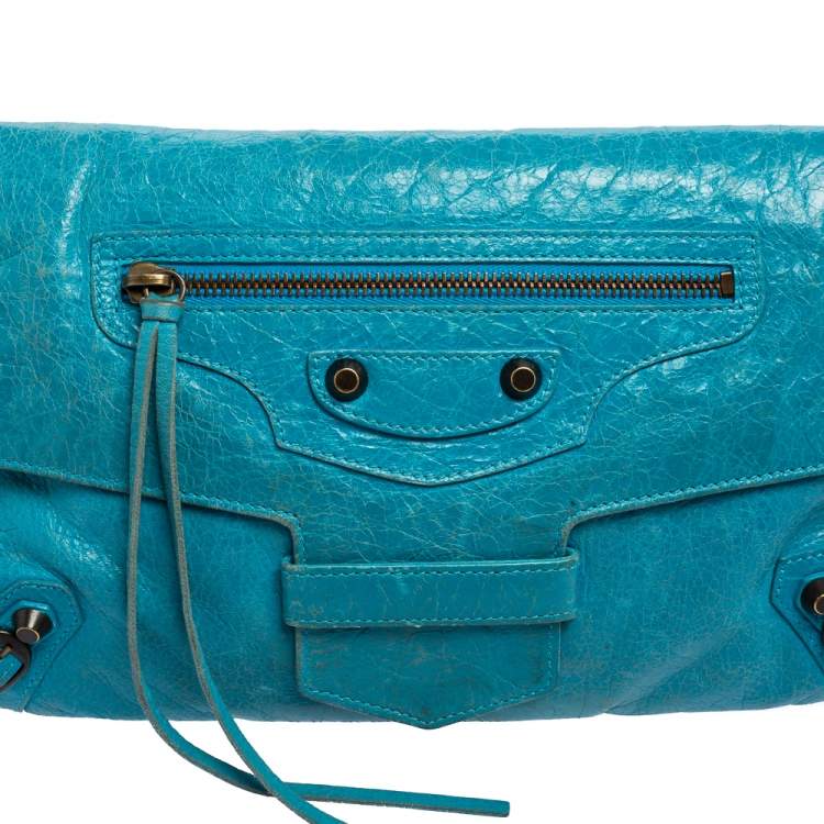 Pre Owned Balenciaga Turquoise Lambskin Leather Motocross Flap Clutch