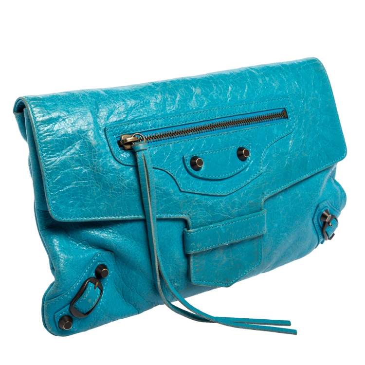 Pre Owned Balenciaga Turquoise Lambskin Leather Motocross Flap Clutch