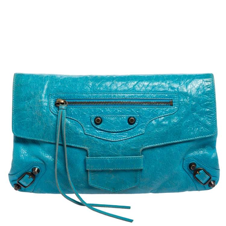 Pre Owned Balenciaga Turquoise Lambskin Leather Motocross Flap Clutch