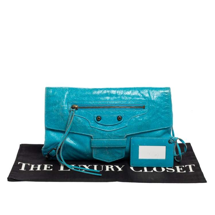 Pre Owned Balenciaga Turquoise Lambskin Leather Motocross Flap Clutch