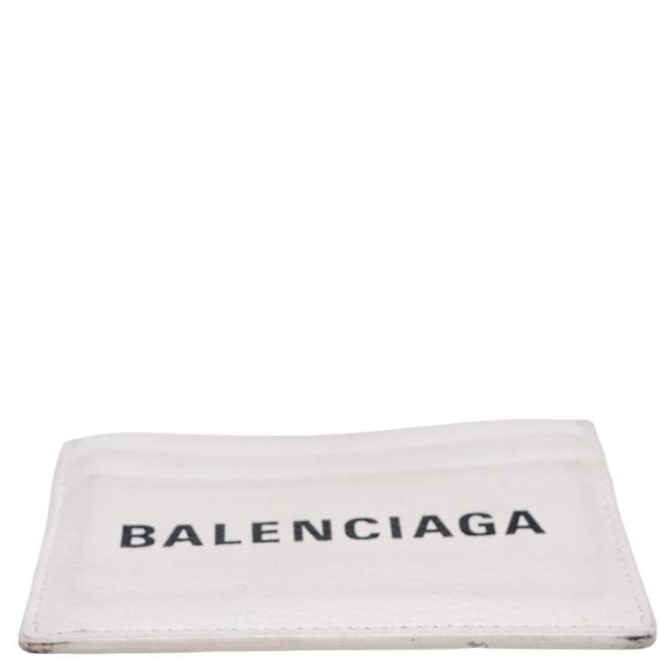 Pre Owned Balenciaga White Leather Logo Printed Card Holder