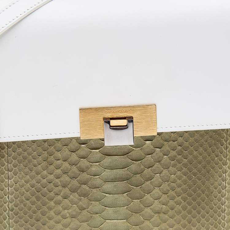 Pre Owned Balenciaga White/Green Leather And Python Le Dix Cartable Top Handle Bag