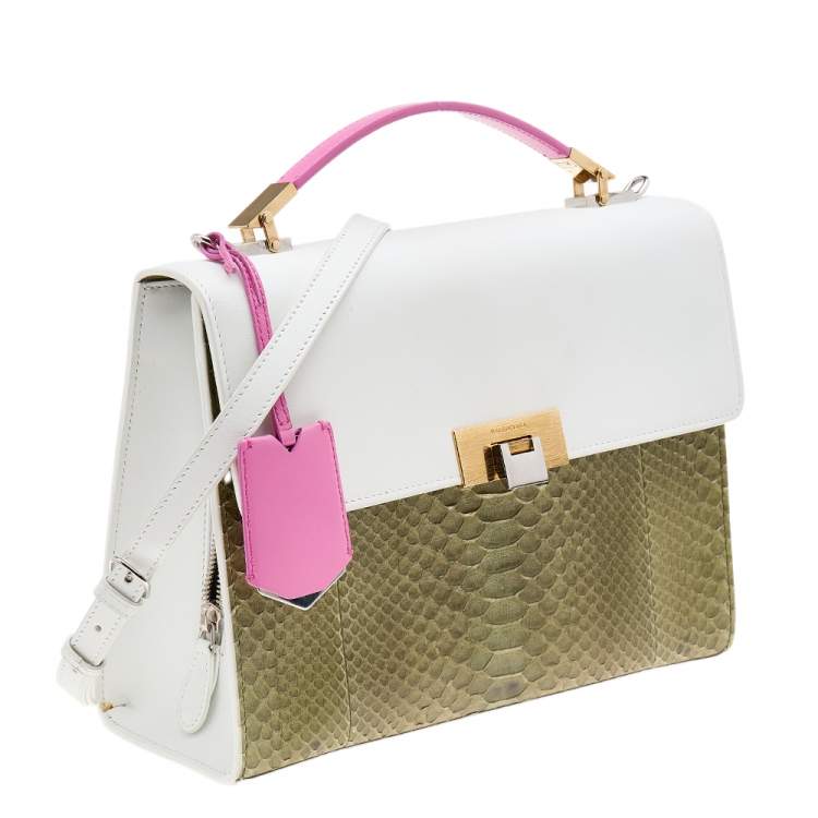 Pre Owned Balenciaga White/Green Leather And Python Le Dix Cartable Top Handle Bag