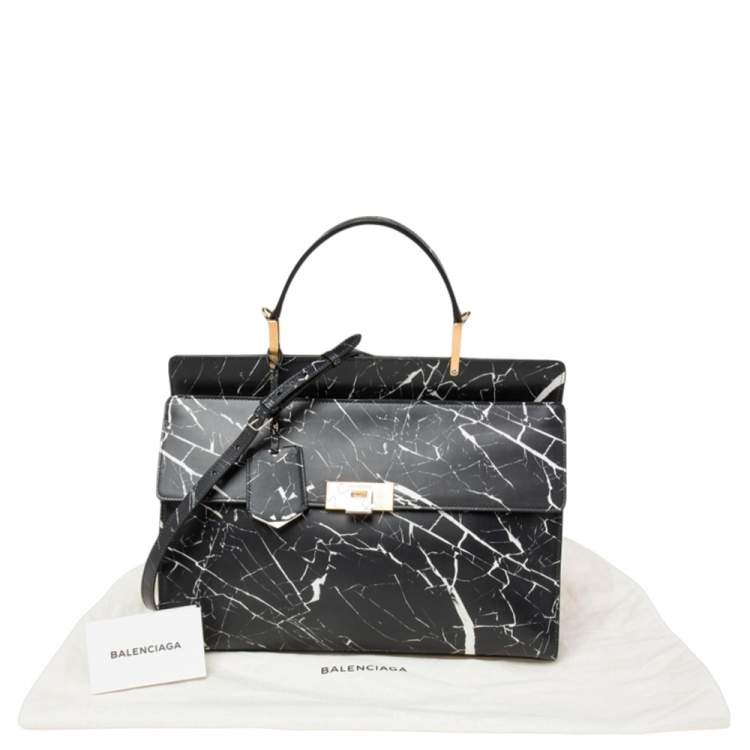 مملوكة مسبقًا Balenciaga Black/White Marble Print Leather Le Dix Cartable Top Handle Bag