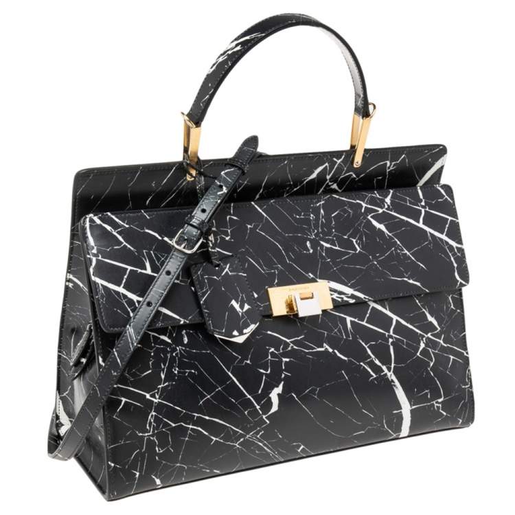 مملوكة مسبقًا Balenciaga Black/White Marble Print Leather Le Dix Cartable Top Handle Bag