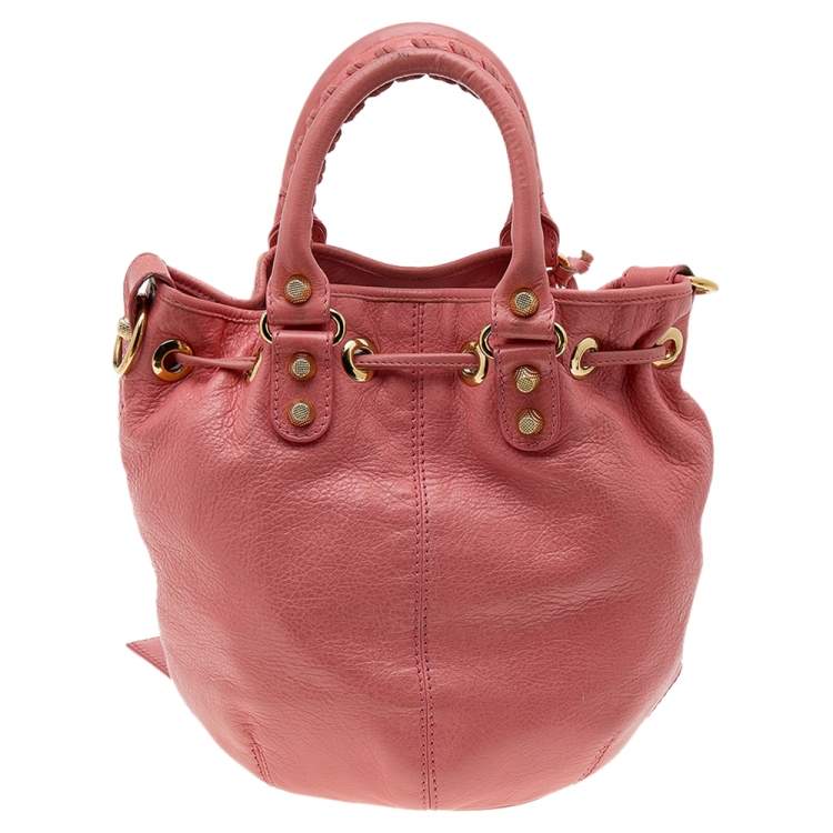 Pre Owned Balenciaga Rose Azalee Leather Giant 12 Mini Pompon Bag 