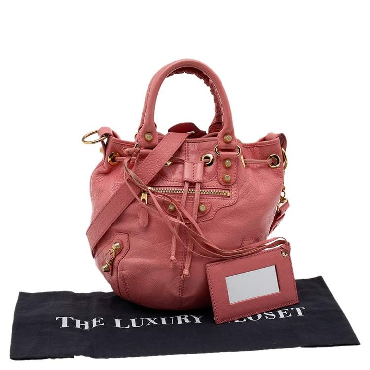Pre Owned Balenciaga Rose Azalee Leather Giant 12 Mini Pompon Bag 