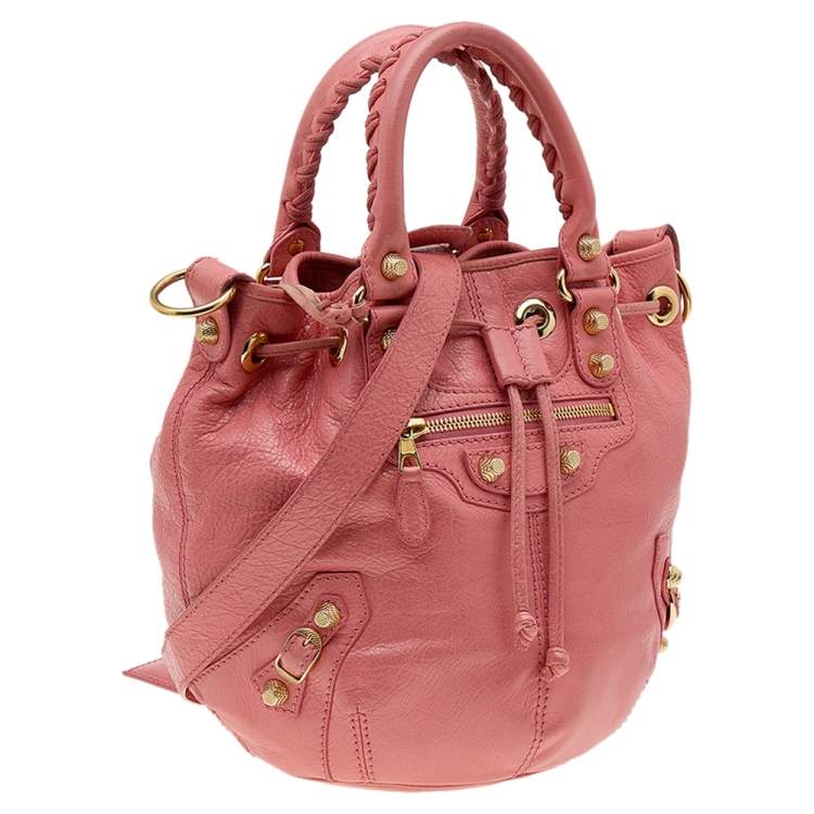 Pre Owned Balenciaga Rose Azalee Leather Giant 12 Mini Pompon Bag 
