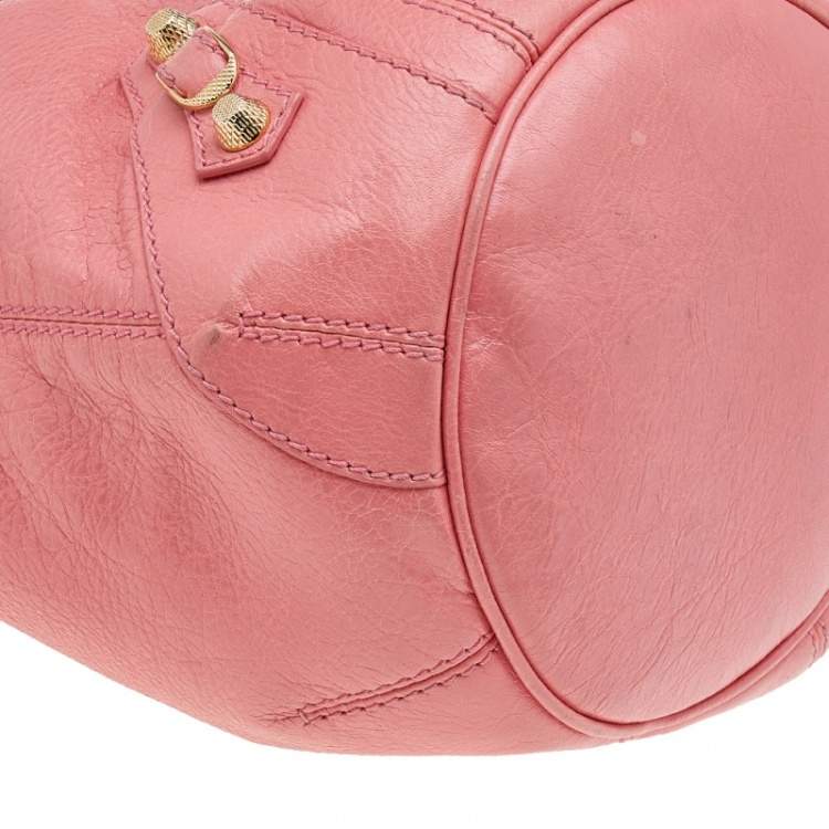 Pre Owned Balenciaga Rose Azalee Leather Giant 12 Mini Pompon Bag 