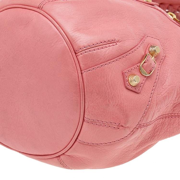 Pre Owned Balenciaga Rose Azalee Leather Giant 12 Mini Pompon Bag 