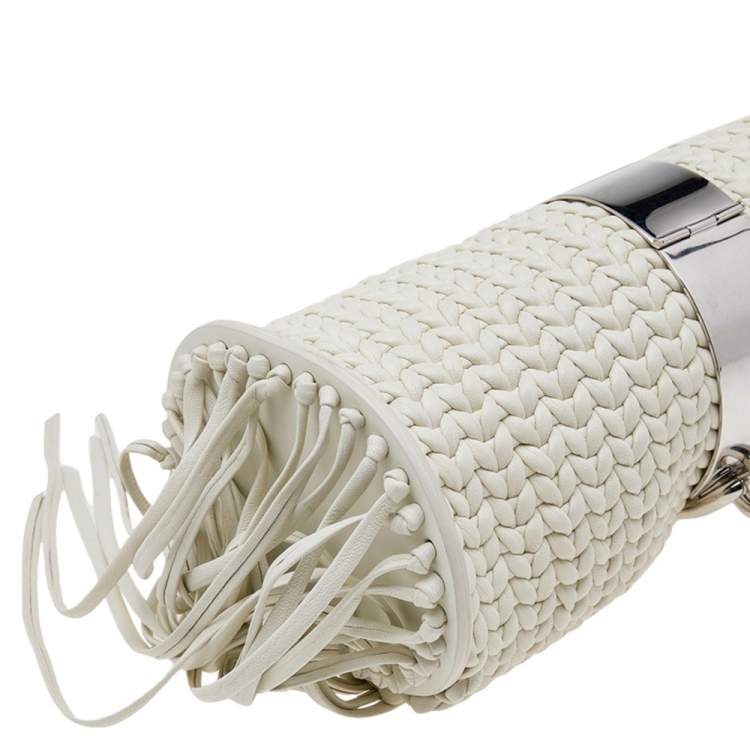Pre Owned Balenciaga White Leather Tresse Raffia Fringe Clutch