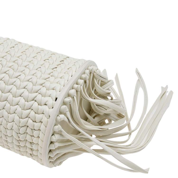 Pre Owned Balenciaga White Leather Tresse Raffia Fringe Clutch