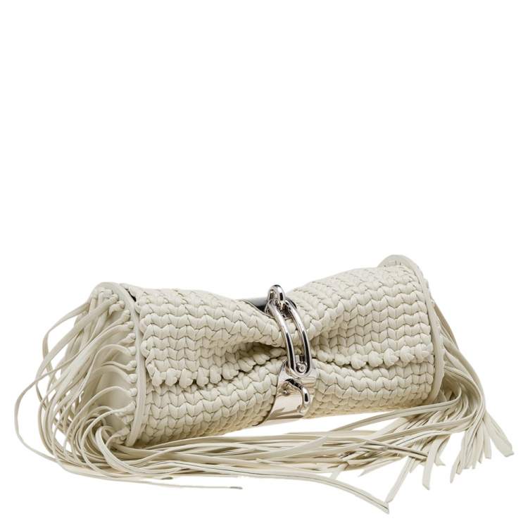 Pre Owned Balenciaga White Leather Tresse Raffia Fringe Clutch