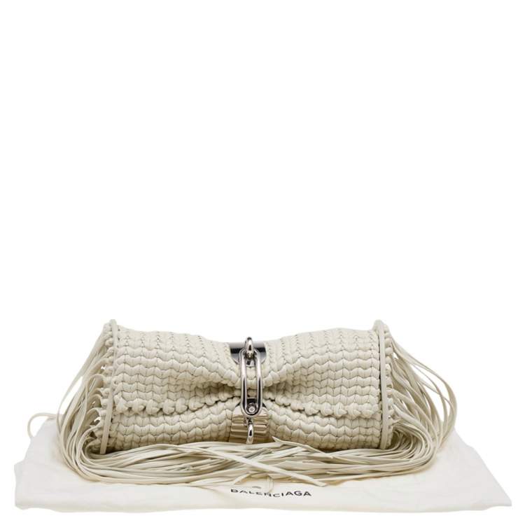 Pre Owned Balenciaga White Leather Tresse Raffia Fringe Clutch