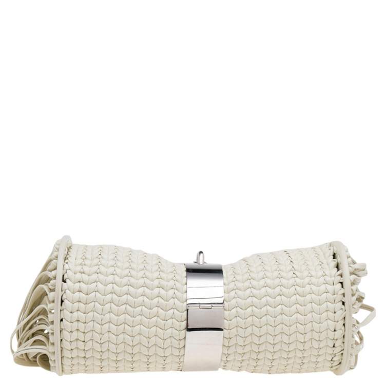 Pre Owned Balenciaga White Leather Tresse Raffia Fringe Clutch