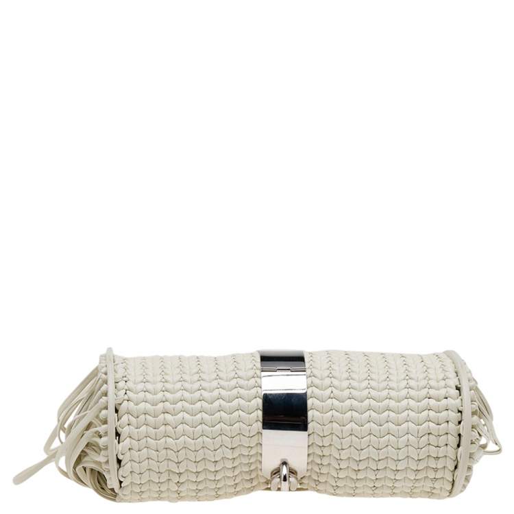 Pre Owned Balenciaga White Leather Tresse Raffia Fringe Clutch