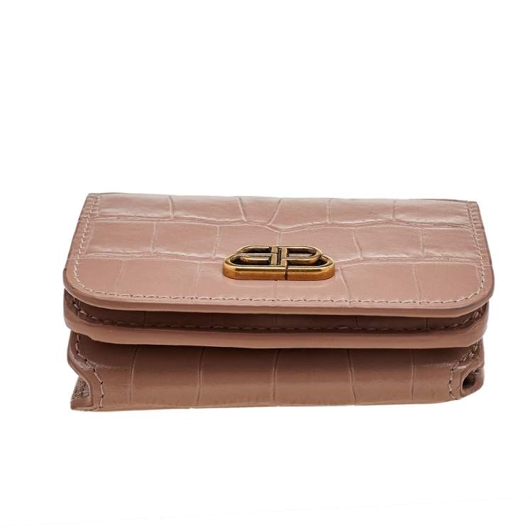 Pre Owned Balenciaga Beige Croc Embossed Leather Mini BB Trifold Wallet