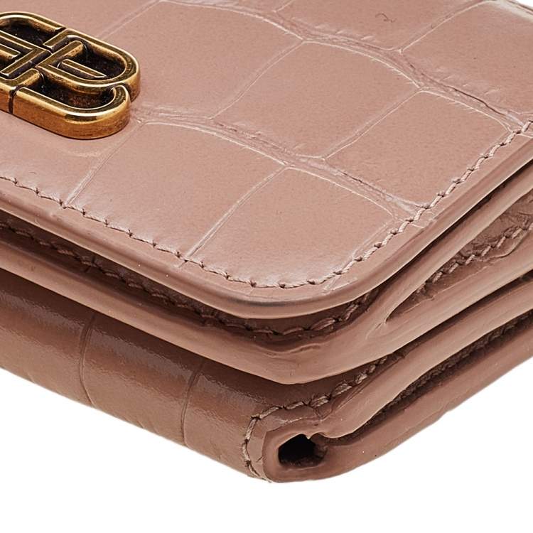 Pre Owned Balenciaga Beige Croc Embossed Leather Mini BB Trifold Wallet