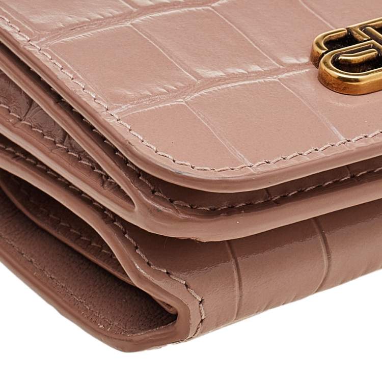 Pre Owned Balenciaga Beige Croc Embossed Leather Mini BB Trifold Wallet