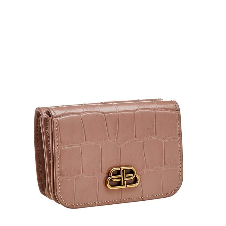 Pre Owned Balenciaga Beige Croc Embossed Leather Mini BB Trifold Wallet