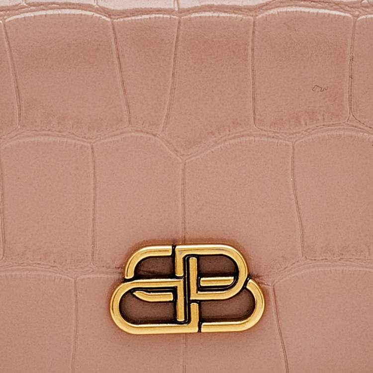 Pre Owned Balenciaga Beige Croc Embossed Leather Mini BB Trifold Wallet