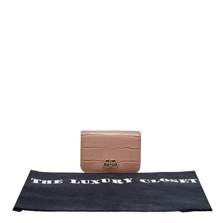 Pre Owned Balenciaga Beige Croc Embossed Leather Mini BB Trifold Wallet