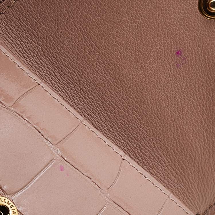 Pre Owned Balenciaga Beige Croc Embossed Leather Mini BB Trifold Wallet