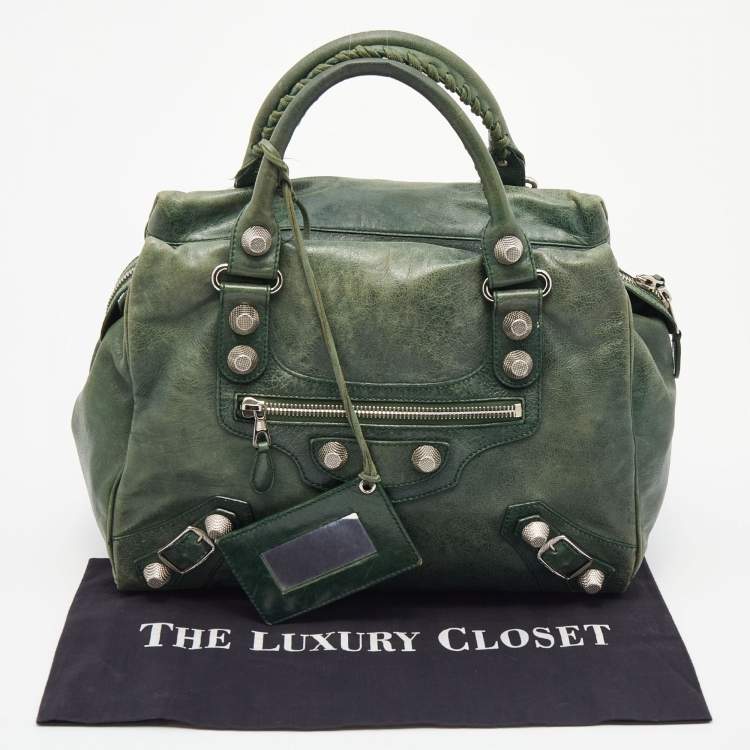 Pre Owned Balenciaga Green Leather Giant 21 Silver Midday Bag
