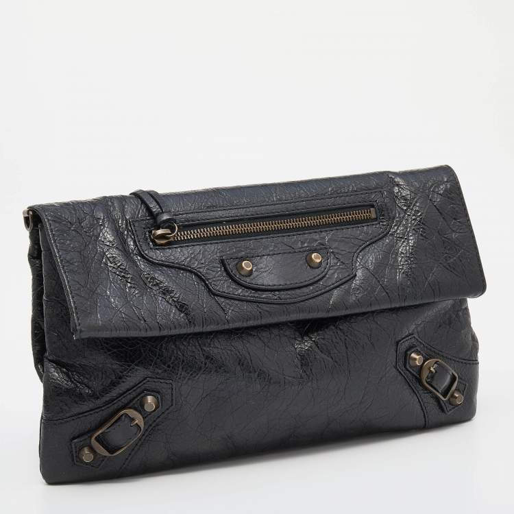 Pre Owned Balenciaga Black Leather Giant 12 Antique Brass Envelope Clutch