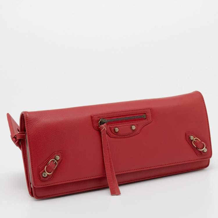 Pre Owned Balenciaga Red Leather Papier Wand Long Clutch