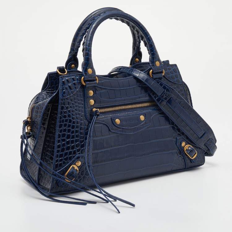 مملوكة مسبقًا Balenciaga Navy Blue Croc Embossed Small Neo Classic City Satchel