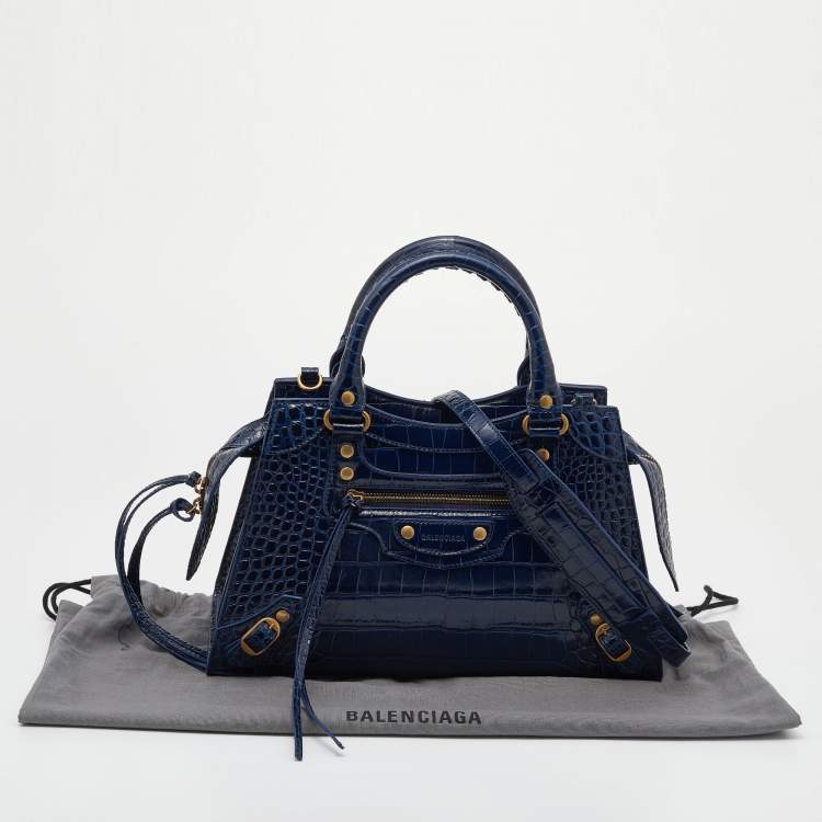 مملوكة مسبقًا Balenciaga Navy Blue Croc Embossed Small Neo Classic City Satchel