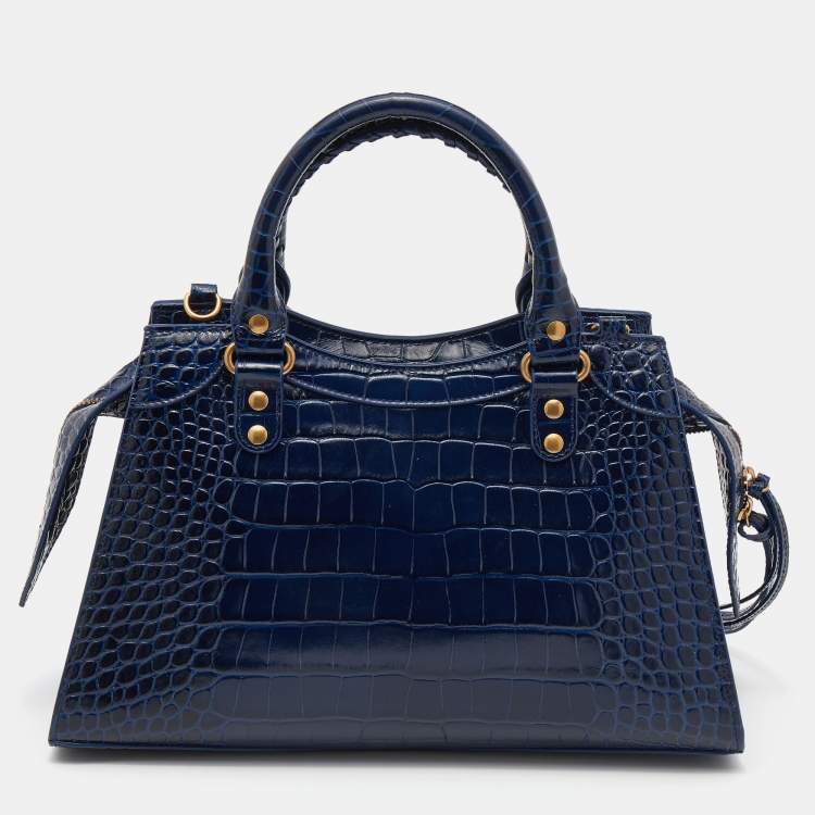 مملوكة مسبقًا Balenciaga Navy Blue Croc Embossed Small Neo Classic City Satchel