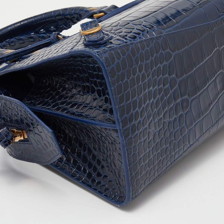 مملوكة مسبقًا Balenciaga Navy Blue Croc Embossed Small Neo Classic City Satchel