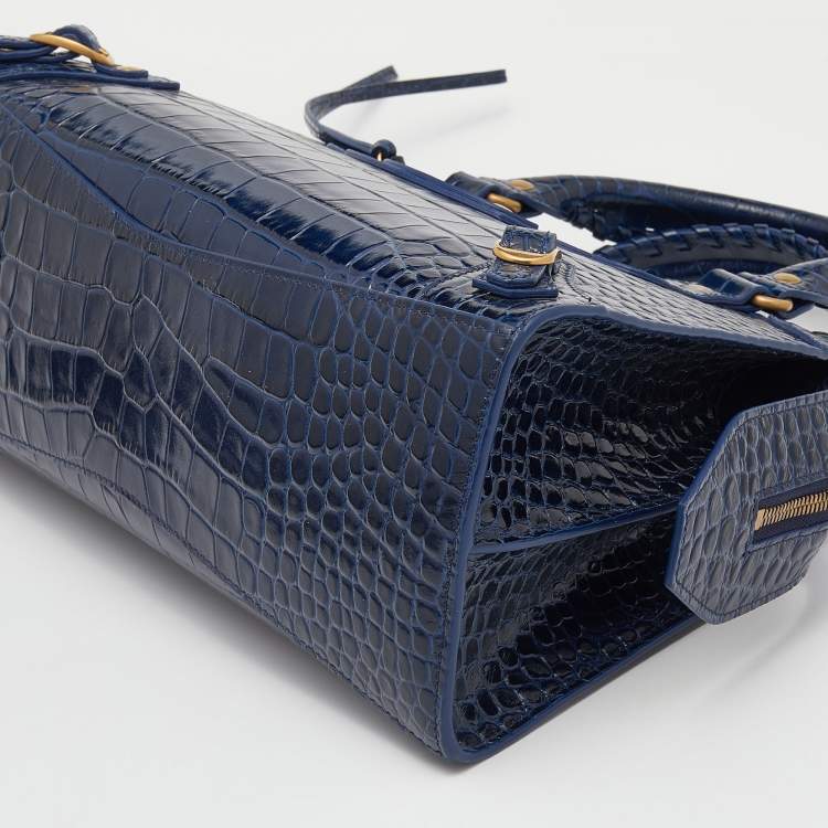 مملوكة مسبقًا Balenciaga Navy Blue Croc Embossed Small Neo Classic City Satchel